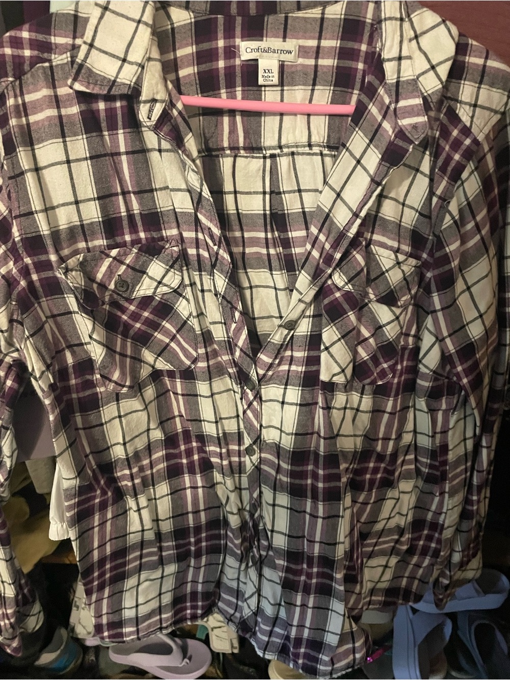 Croft & Barrow Purple and White Plaid Casual Button-Down